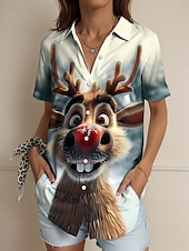 cheap Animals Tops-Christmas Women&#039;s Shirt Long Sleeve Button Down Blouse Graphic Animal 3D Vintage Tropical Daily Sleeveless Short Sleeve Shirt Collar Regular Tops Daily Sage Green Brown Green Summer Spring Winter