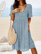abordables Robes fleuries-Femmes Mini Robe Robe ajustée et évasée Occasionnel Extérieur Sortir Coupe régulière Fleuri Manche Courte Col Rond Bleu Ciel Jaune Rouge Bleu de minuit Été Printemps