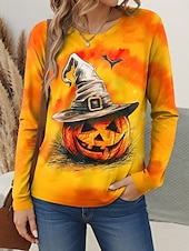 ieftine tricou Art &amp; Design-Halloween Pentru femei Tricou Grafic Dovleac Epocă Stilat Clasic Manșon Lung Stil Nautic Topuri obișnuite Zilnic Sfârșit de săptămână Imprimeu Negru Roșu-aprins Fucsia Portocaliu Primăvară Toamnă