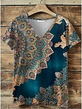 billige Boho t-skjorte-Dame T skjorte Blomstret Grafisk Paisly Bohem Årgang Stilfull Kortermet V-hals Vanlige topper Daglig Ut på byen Helg Trykt mønster Rosa Blå Lilla Grønn Sommer Vår