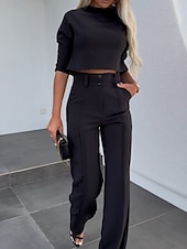 voordelige Blousepakken voor dames-Dames Streetwear Stijlvol Broeken Sets Lange mouw Coltrui Effen Kleur Lapwerk Dagelijks Werk Kleding Zwart Wit Khaki Zomer Normale pasvorm