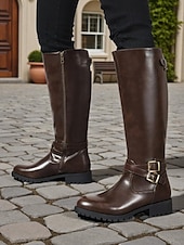 abordables Botas para montar-Botas de montar hasta la rodilla para mujer en color café con detalle de hebilla: botas clásicas de piel sintética de pantorrilla ancha para otoño, viajes y uso diario.