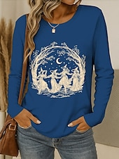 abordables Hauts d&amp;#39;Halloween-Halloween Femmes T-shirt Graphique Sorcière ancien Élégant Classique manche longue Col ras du cou Col rond Hauts Réguliers Quotidien Week-end Imprimé Noir Vin Bleu Violet Vert Printemps Automne
