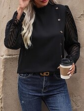 economico Top Semplici da Donna-Per donna Camicia Semplice Elegante Moderno Manica Lunga Collo Alto Top Regolari Quotidiano Uscire Bottoni Rete Nero Primavera Autunno