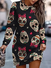 cheap Halloween Dress-Halloween Women&#039;s Mini Dress Shift Dress Casual Holiday Going out Regular Fit Graphic Skull Long Sleeve Crew Neck Black Spring Fall Winter