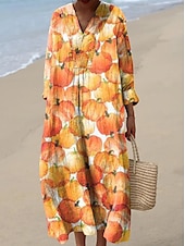 preiswerte Halloweenkleid-Halloween Damen Maxikleid Sommerkleid A-Linien-Kleid Urlaub Casual Boho Party Ausgehen Strand lockere Passform Grafik Langarm V-Ausschnitt Orange Off-White Grau Sommer Frühling Herbst