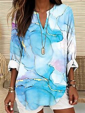 abordables Hauts d&#039;Art et de Design pour Femmes-Femmes Chemisier A Ombre Graphique Géométrique ancien Quotidien Élégant manche longue Col en V Hauts Réguliers Quotidien Fête Imprimé Bleu Bleu Ciel Violet Claire Été Printemps Automne