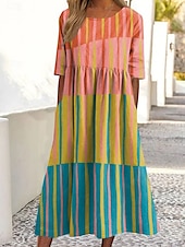 ieftine Rochie cu dungi și geometrică-Pentru femei Rochii Midi Rochie de vară Rochie plisata Vacanță Casual Concediu Fit regulat Grafic Geometric Abstract Manșon Jumate Stil Nautic Negru Albastru piscină Portocaliu Trifoi Vară Primăvară