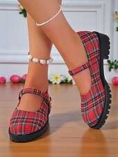 cheap Women&#039;s Flats-Women&#039;s Red Plaid Mary Jane Flats - Chunky Sole Tartan Shoes with Buckle Strap, Casual School Style for Teens and Fall Outfits