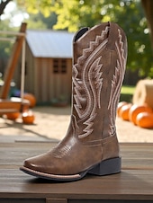 cheap Cowboy &amp; Western Boots-Women's Western Cowboy Boots with Embroidered Stitching – Faux Leather Mid-Calf Boots for Fall Festivals, Farm Work &amp; Country Outfits