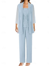 abordables Costumes-pantalons pour maman-Ensemble de Pantalon Mère de la Mariée Robe Invitée de Mariage Élégante Simple Col Bijou Longueur Longue Polyester Manches Longues avec Couleur Unie