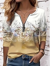 billige Boho t-skjorte-Påske Dame T skjorte Blomstret Grafisk Elegant Årgang Stilfull Langermet V-hals Vanlige topper Daglig Helg Glidelås Trykt mønster Gul Rosa Blå Oransje Grønn Sommer Vår Høst