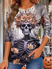 billige Kunst &amp; Design t-skjorte-Halloween Dame T skjorte Blomstret Grafisk Hodeskaller Årgang Mote Stilfull Langermet Crew-hals Vanlige topper Daglig Trykt mønster Rosa Lilla Oransje Grønn Sommer Vår Høst