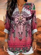 preiswerte Damen Boho Tops-Damenshirt Langarm Tunika Tops Grafik Geometrisch Totenkopf Bohemia Vintage Tropisch V-Ausschnitt Regelmäßige Tops Täglicher Urlaub Strandmode Druck Gelb Rot Blau Lila Grün Sommer Frühling