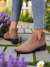 abordables Botines-Botines de ante sintético para mujer con tacón bajo: botas cortas informales para uso diario, paseos de otoño y caminos rurales.