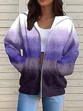 cheap Stripe&amp;Geometric Tops-Women&#039;s Zip Up Hoodies Geometric Active Casual Long Sleeve Hooded Regular Tops Casual Holiday Zip Up Zipper Front Pocket Red Blue Purple Brown Green Spring Fall