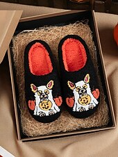 abordables Pour les femmes-Chaussons unisexes en polaire brodés pour chien d&#039;Halloween – chaussures d&#039;intérieur confortables avec motif citrouille pour femmes et hommes