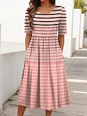 preiswerte Streifen- und geometrisches Kleid-Damen Midikleid Sommerkleid Faltenkleid Urlaub Lässig Ferien Normale Passform Grafik Geometrisch Gestreift Halbarm Rundhalsausschnitt Rosa Blau Purpur Sommer Frühling