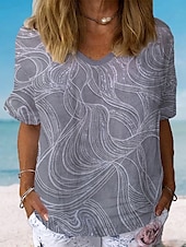 abordables T-shirt rayé et géométrique-Femmes Chemise Graphique Géométrique Rayé Élégant Classique Occasionnel Manche Courte Col en V Hauts Réguliers Quotidien Tenue de plage Vêtements de vacances Imprimé Bleu Gris Été Printemps