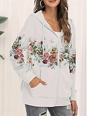 billige Blomstrete topper-Dame Zipper Hoodie Blomster Grafisk Moteklær Casual Langermet Hette Vanlige Topper Gate Hverdagsbruk Lomme Trykk Hvit Lilla Fuksia Vår Høst