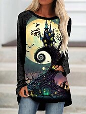 abordables Hauts d&amp;#39;Halloween-Halloween Femmes T-shirt Graphique Fantôme ancien Élégant Classique manche longue Col ras du cou Col rond Hauts Longs Quotidien Imprimé Noir Jaune Vert Printemps Automne