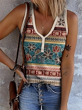 billige Boho tank topp-Dame Camisole Tank Top Grafisk Geometrisk Årgang Stilfull Etnisk Ermeløs V-hals Vanlige topper Daglig Trykt mønster Salvie Grøn Lysebrun Oransje Grønn Kakifarget Sommer Vår