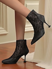 preiswerte Stiefeletten-Beige Damenstiefeletten mit Absatz aus Spitze und Kunstleder – elegante Brautstiefel mit spitzer Spitze und floraler Spitze für Hochzeiten, formelle Veranstaltungen und besondere Anlässe