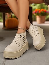 abordables Bottines-Femmes Bottes Quotidien Bottines Plateau Compensé Bout Rond Occasionnel Faux daim Fermeture éclair Chameau Beige