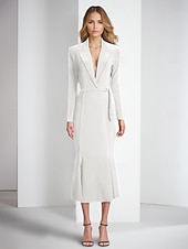 voordelige Thee Lengte-Blazer jurk zeemeermin  trompet cocktailjurken elegante jurk tuxedo jurk formele bruiloft enkel lengte lange mouw overhemd kraag zak stretch crêpe met franjes jurken