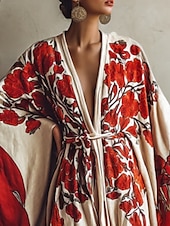 billige Boho-kjoler-damelang kjole maxikjole bohokjole avslappet kjole swingkjole sommerkjole vintage ferie daglig strand normal passform blomstret 3/4-ermet v-hals rød sommer vår høst