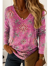 abordables T-shirt Boho-Femmes T-shirt Graphique Paisley ancien Élégant Classique manche longue Col en V Hauts Réguliers Quotidien Imprimé Rose Claire Rouge Bleu Violet Vert Printemps Automne