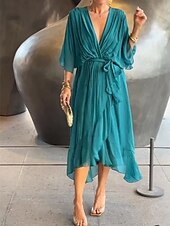 levne Šifónové šaty-Dámské Midi šaty Koktejlky Šaty pro svatební hosty Šifón Módní Moderní Netopýří rukávy Venkovní Dovolená Běžný Bez vzoru 3/4 délka rukávu Do V Černá Bílá Vodní modrá Šedá Léto Jaro Podzim
