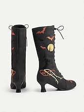 levne Pro ženy-Dámské gotické halloweenské vyšívané šněrovací boty - vintage styl černého kostýmu čarodějnice z roku 1900, podpatky do půli lýtek pro cosplay, večírky a tematické akce
