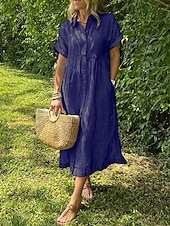 abordables Robe Rayée et Géométrique-Femmes Robe Longue Maxi Robe Robe Chemise Robe Décontractée Mode Extérieur Soirée Fête Coupe régulière Rayé Manche Courte Col de chemise Noir Blanche Jaune Rose Claire Été