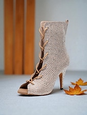 abordables Bottines de danse-Bottines de danse à bout ouvert et strass pour femmes - bottines à talons courts et lacets scintillants pour les spectacles de salon et de scène latins