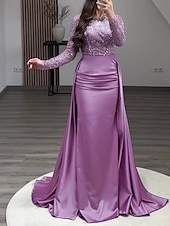 economico Champagne-Abito da sera sirena in paillettes abito in satin champagne arricciato maniche lunghe masquerade lunghezza fino al pavimento scollo illusion con perle gonna sovrapposta