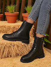 baratos Botas de tornozelo-Botas de combate femininas de couro sintético marrom com zíper lateral – botas de cano curto com cadarço para trabalho ao ar livre no outono, tarefas agrícolas e uso casual diário