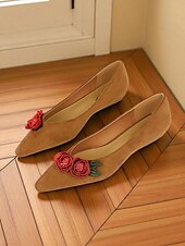 abordables Sandalias planas de mujer-Bailarinas de ante burdeos para mujer: diseño de rosas bordadas con flores, elegantes zapatos sin cordones con punta puntiaguda para salidas informales, fiestas en el jardín y citas románticas.