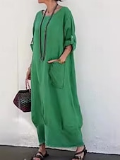 abordables concevoir des robes en coton et lin-Femmes Robe Longue Maxi Robe Robe Décontractée Mode Moderne Extérieur Vacances Fête Coupe régulière Uni manche longue Col ras du cou Blanche Jaune Rose Claire bleu marine Automne