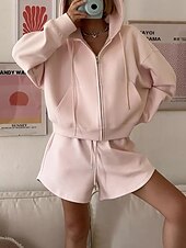 baratos Agasalhos Femininos-Mulheres Moda Roupa de rua Moletom Conjuntos de shorts Manga Longa Com Capuz Tecido Zíper Roupa Diária Encontro Branco Rosa Azul Verão Normal
