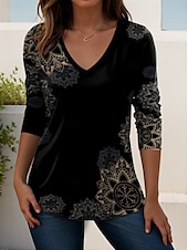 levne Boho tričko-Dámské Tričko Grafika Rostliny Mandala Elegantní Čechy Vinobraní Dlouhý rukáv Do V Běžné topy Denní Jdeme ven Víkend Tisk Černá Jaro Podzim Zima