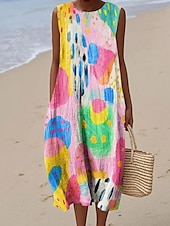 baratos Vestidos Listrados e Geométricos-Mulheres Vestido midi Vestidos Para o Verão Vestido de turno Vestido A Line Férias Casual Boho Para Noite Praia Ajuste Largo Gráfico Geométrica Sem Manga Crewneck Rosa Rosa Escuro Azul Roxo Verão
