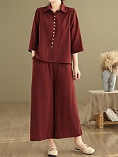billige Settene-Dame Elegant Mote Gatemote Linsett i bomull 3/4 ermer Skjortekrage Helfarge utendørs Arbeid Avslappet Oransje Brun Kakifarget Sommer Normal