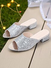 halpa Yöelämäjuhla-Naisten ruusukullanväriset glitterillä varustetut avokärkiset muulit nilkkaremmillä - elegantit lohkokorkosandaalit yöelämän juhliin ja iltatilaisuuksiin