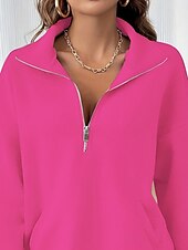 baratos Tops Simples-Mulheres Moletom Tecido Casual Manga Longa Gola Alta Tops regulares Rua Dia a Dia Patchwork Zíper Preto Fúcsia Cinzento Escuro Bege Cinzento Outono Inverno