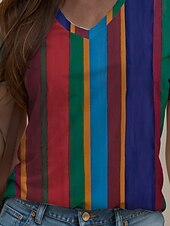 ieftine Tricou cu dungi și geometric-Pentru femei Tricou Grafic Geometric Dungi Epocă Stilat Clasic Manșon scurt În V Topuri obișnuite Zilnic Imprimeu Galben Roșu-aprins Albastru piscină Mov Trifoi Vară Primăvară