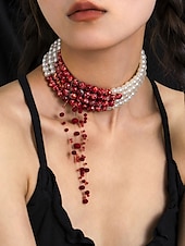 abordables Accesorios de Halloween-Conjunto de joyas de Halloween con gotas de sangre para mujer: gargantilla, pulsera y pendientes de perlas y cuentas rojas para fiestas de disfraces y eventos espeluznantes.
