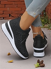 abordables Baskets femme-Baskets compensées Flyknit roses pour femmes avec détails en strass – Chaussures de sport légères et respirantes pour une tenue décontractée et la marche