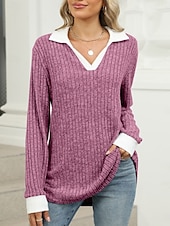 voordelige Dames eenvoudige tops-Dames Overhemd Effen Kleur Stijlvol Casual Lange mouw V-hals Normale tops Dagelijks Lapwerk Zwart Rood blauw Fuchsia Lente Herfst