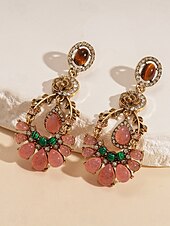 economico Collana da donna-Set di gioielli vintage da donna con cristalli floreali: elegante collana in oro e orecchini pendenti con pietre preziose rosa e verdi, accessori romantici per balli serali e cocktail party